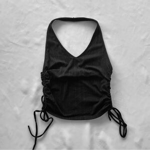 NWOT Medium Papermoon black rib halter crop top with ruched sides and ties